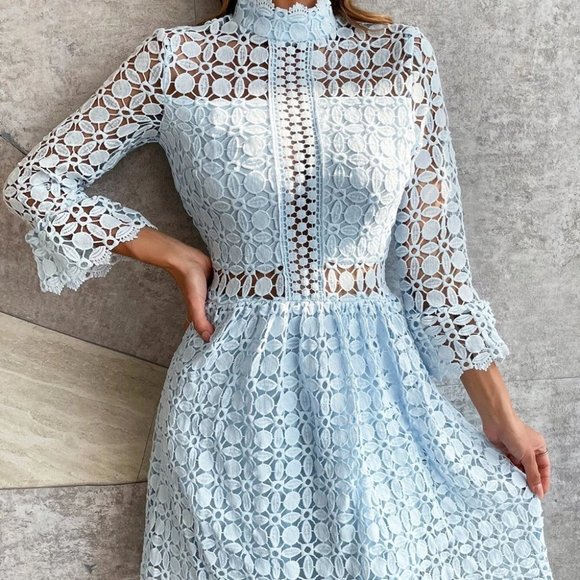 Mesh Insert Mock Neck Flounce Sleeve Lace Dress Blue - Picture 5 of 7